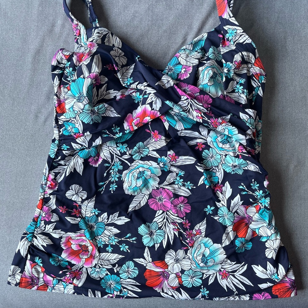 Lands' End Navy Floral Swim Tankini with Aqua, Pink & Red Flowers